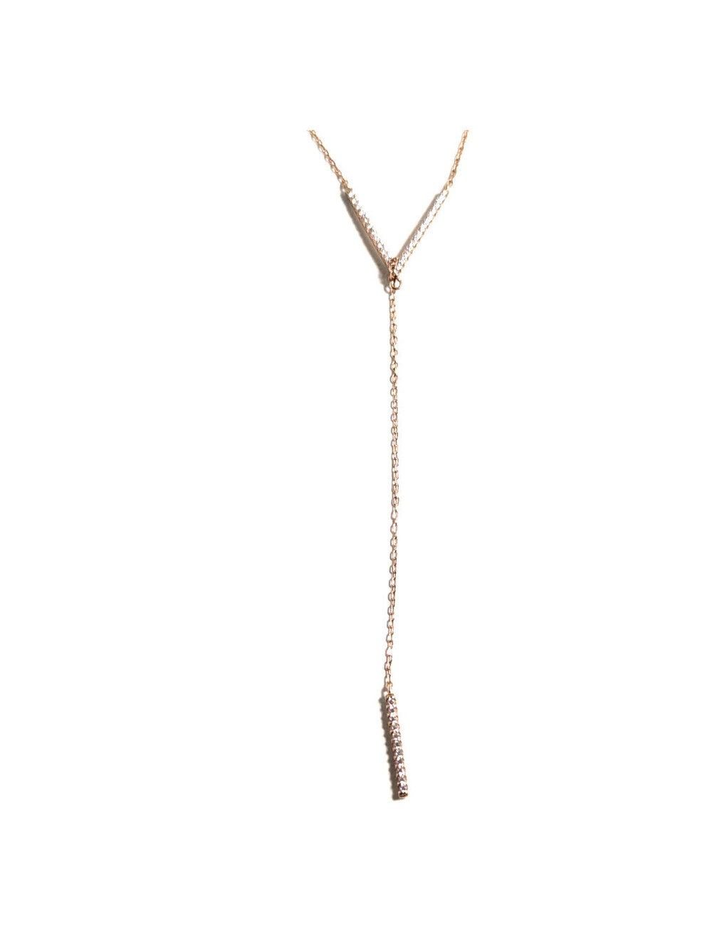 Elegant Sterling Silver 925 Gold Tone Y Lariat Clear Stone V Drop Necklace 50cm